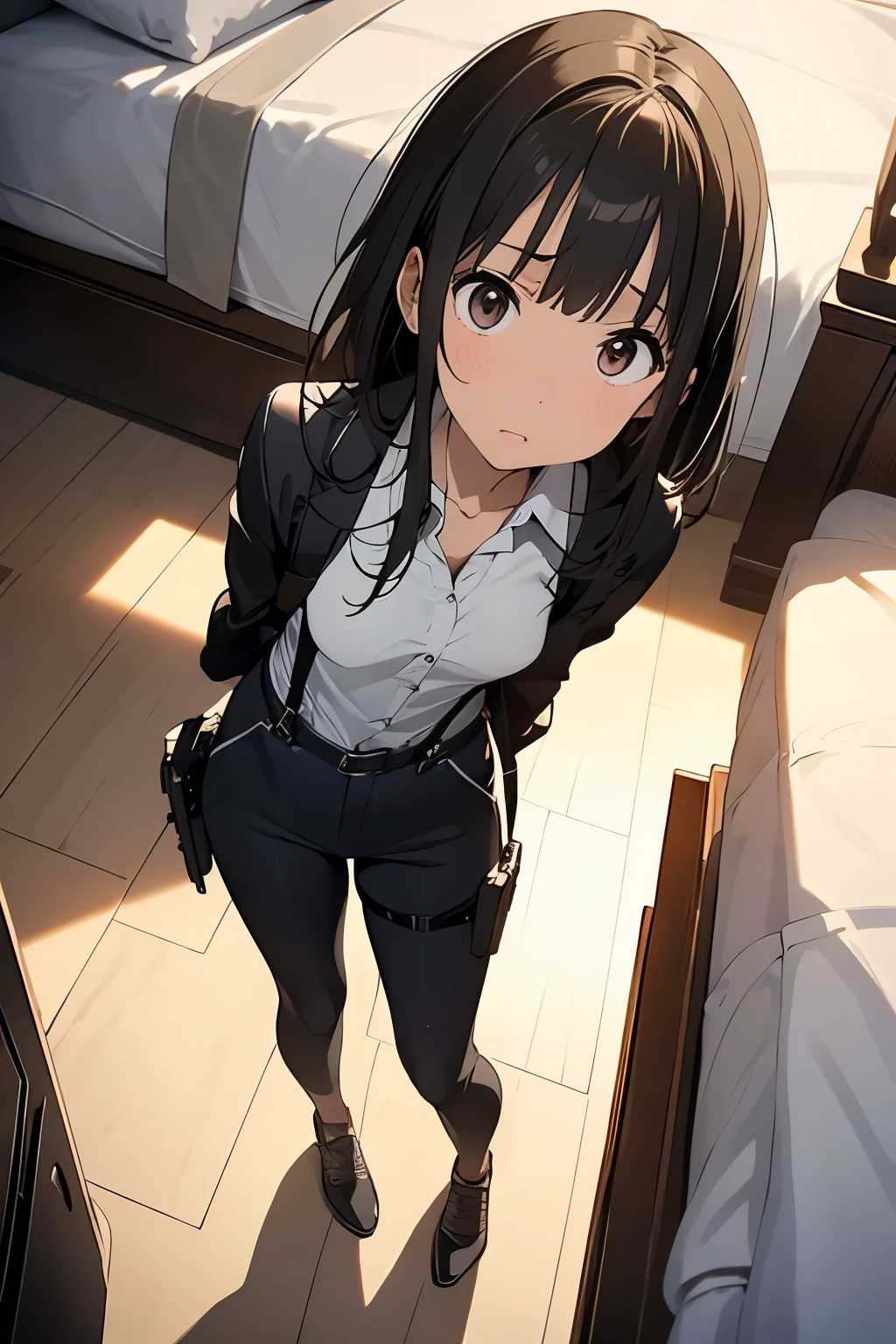 1 female, , high quality, masterpiece, Ultra-high resolution, , Cinema Lighting, , , And the suspenders with the cranes flying　　　Moderate breasts　 　 　　　　Small face　 　　　holster　　　　　　　 Lying in bed　Looking up　　　　Sweat 　　　belt　summer　脇Sweat 　Black Hole Gloves　suit　shirt　　Black jacket　 Black trousers　Leg Links　ズボンにbelt　　holster　 　　Hands behind your back　 Anxious expression　Looking up　Anxious face, legs apart　