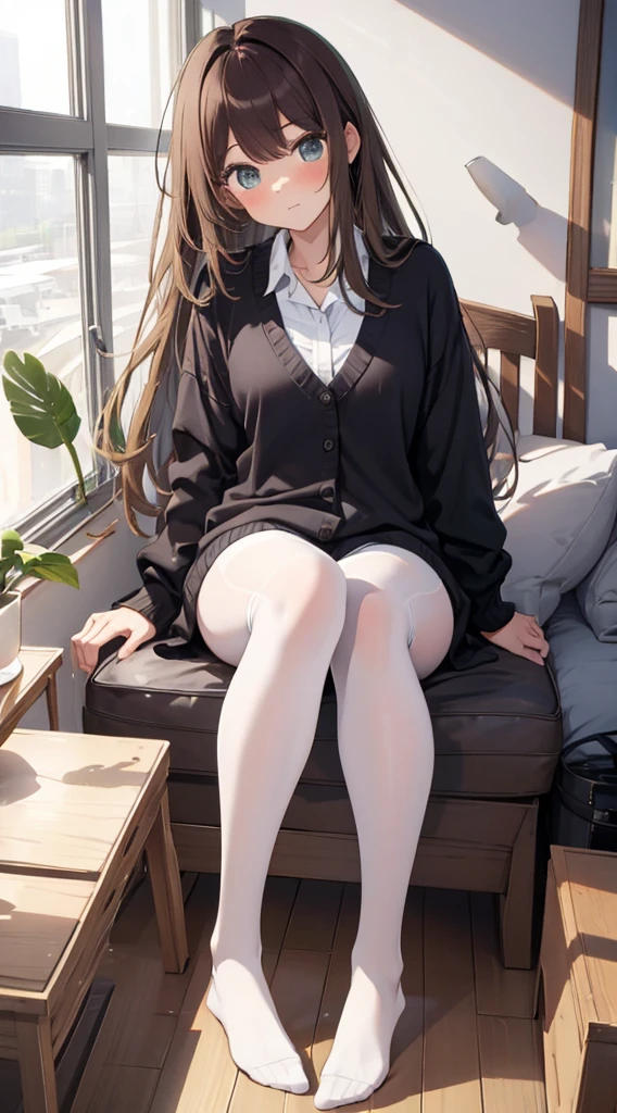 Top quality, masterpiece, High resolution, (Head to toe full body), front, frontやや下からの構図, Symmetric, Tall 18 year old girl, alone, (Head to toe), (Small breasts), Unkempt brown hair, bangs, (black tights), (Black Pantyhose), (Sit with your legs apart), (Crouching pose), (A composition showing white panties), (Her legs were spread、I see your white pants.), (I was made to sit on the floor with my legs spread..), (M-shaped legs), Thin legs, A very beautiful and tall 18 year old girl, (No shoes), blush, Shy big eyes, looking at the camera, Blazer Uniform, Checkered Pleated Skirt