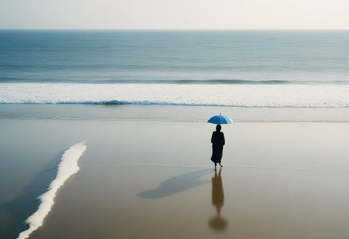 deserted long beach, A short-haired woman walking from afar, alone, A horizon without any mountains, afternoon, depressed, tide가 밀려온다, ocean, tide, umbrella , wind, short korean woman, 잔잔한 tide