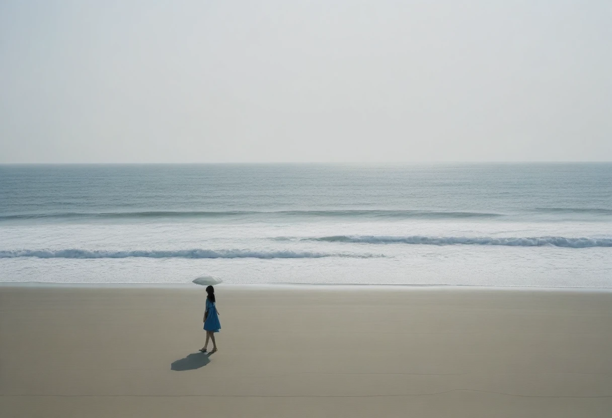 deserted long beach, A short-haired woman walking from afar, alone, A horizon without any mountains,  afternoon, depressed, tide가 밀려온다, ocean, tide, umbrella , wind, short korean woman, 잔잔한 tide