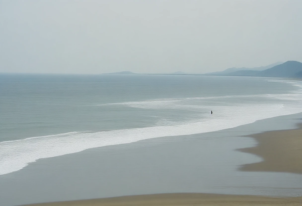deserted long beach, A short-haired woman walking from afar, alone, A horizon without any mountains,  afternoon, depressed, tide가 밀려온다, ocean, tide, umbrella , wind, short korean woman, 잔잔한 tide