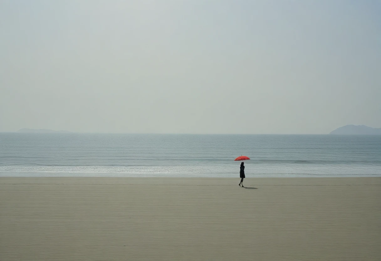 deserted long beach, A short-haired woman walking from afar, alone, A horizon without any mountains, afternoon, depressed, tide가 밀려온다, ocean, tide, umbrella , wind, short korean woman, 잔잔한 tide