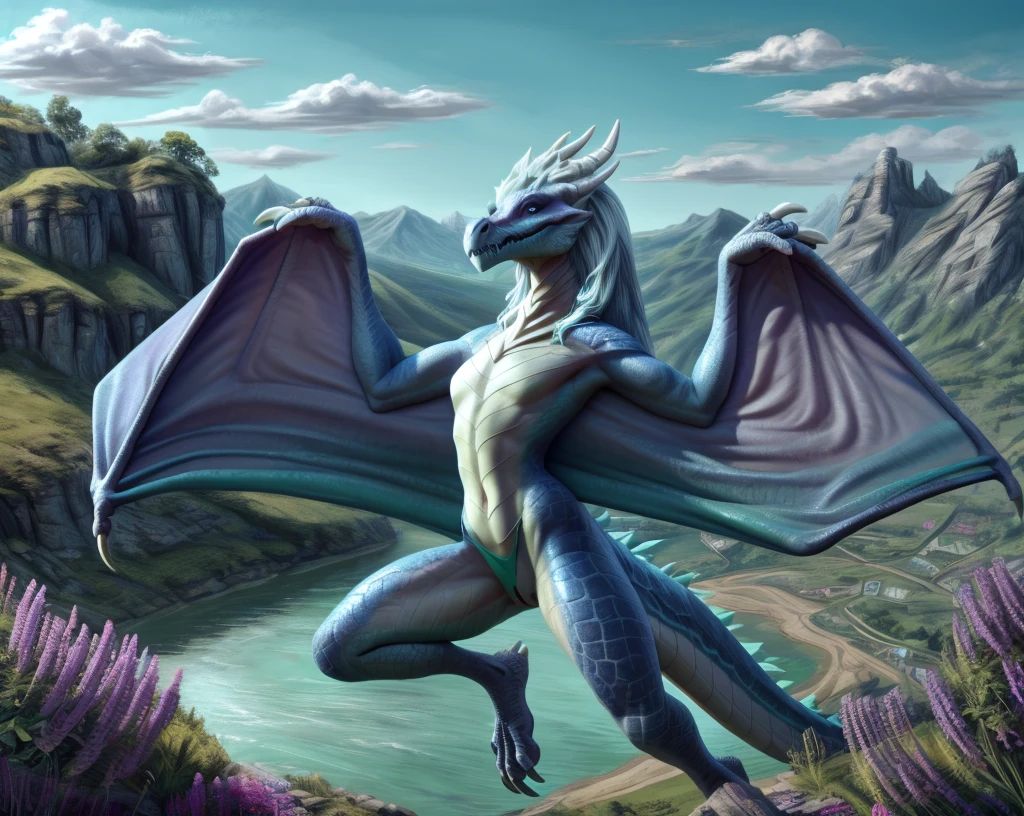 an extremely talented impressionist painting of mature AurothDOTA wyvern flying in air, summer, green grass, green hilly valley, flowers bloom, mountains in distance, masterpiece, best quality, ultra-high-detailed, feral, female, anthro, detailed scales, slim body, athletic, curvy, light blue mane, uploaded on e621, nsfw, questionable content, scalie, wings, wyvern, focus on face, smiling seductively, 1girl, solo, bare arms, wet, near river, strap slip, blue one-piece swimsuit, thighs, arms at sides, bare arms, flat chested, small breasts,