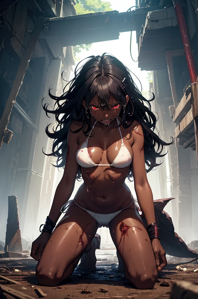 Highest quality, Dark skinned female warrior,Long black hair, Red eyes, (Small breasts), (((Wearing a white bikini))),(((Injury))),(((Are crying))),(((Captured by a monster))),(((Kneel))),(((Spread your legs))),(((Pussy juice stain))),Browsing Caution