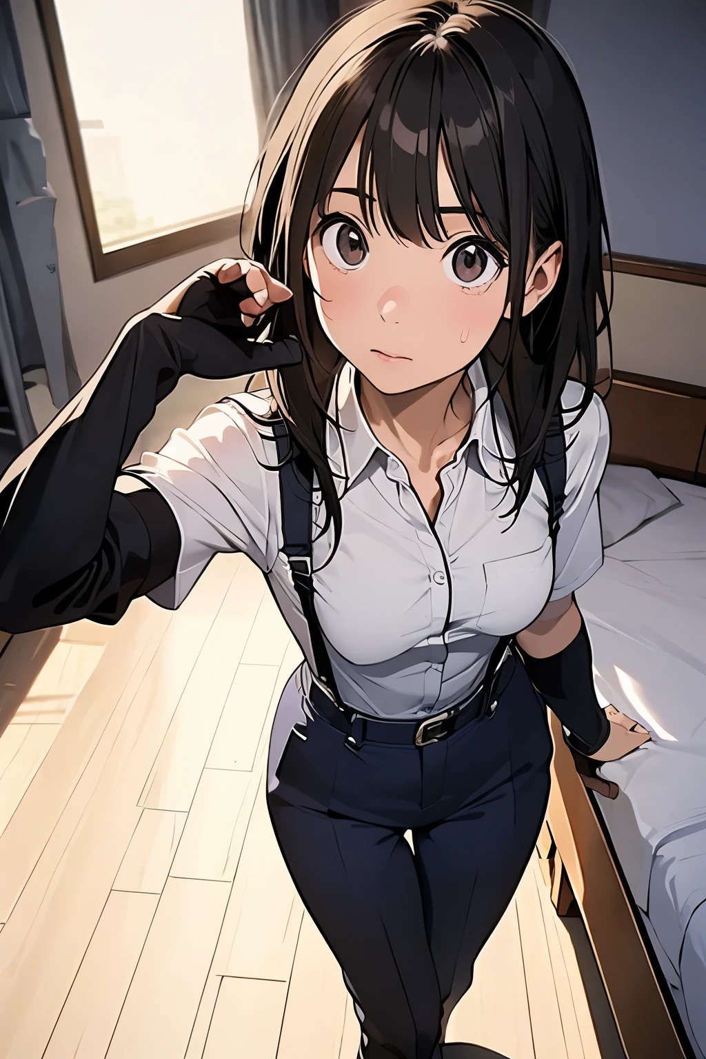 1 female, , high quality, masterpiece, Ultra-high resolution, , Cinema Lighting, , , And the suspenders with the cranes flying Moderate breasts Small face holster Lying in bed Looking up Sweat belt summer 脇Sweat Black Hole Gloves suit shirt Black jacket Black trousers Leg Links ズボンにbelt holster Hands behind your back Anxious expression Looking up Anxious face, legs apart
