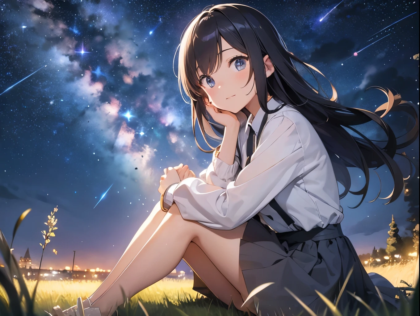 ((Facial detailing)),Rounded corners, 超High resolution, retina, Attention to detail, Highest quality, High resolution, 4K,Girl sitting on the meadow at night, Put your hands on the ground、Look up. The surroundings are shrouded in darkness, Above her is a sky full of bright stars. The stars emit brilliant light, Meteor showers create beautiful trails of light in the night sky. Countless shooting stars dance in the sky, Get the girl&#39;s attention. She is filled with quiet joy and awe., It&#39;s like touching the wonders of the universe.. The tranquil grassland gives her a sense of peace and magical energy., The glow of the night sky envelopes her soul.,Brown Hair,ponytail