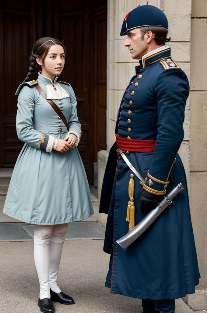 ((Anime girl)) ((High quality)) ((Napoleonic war)) ((French soldier)) ((old guard)) old guard woman Talking with the guard girl