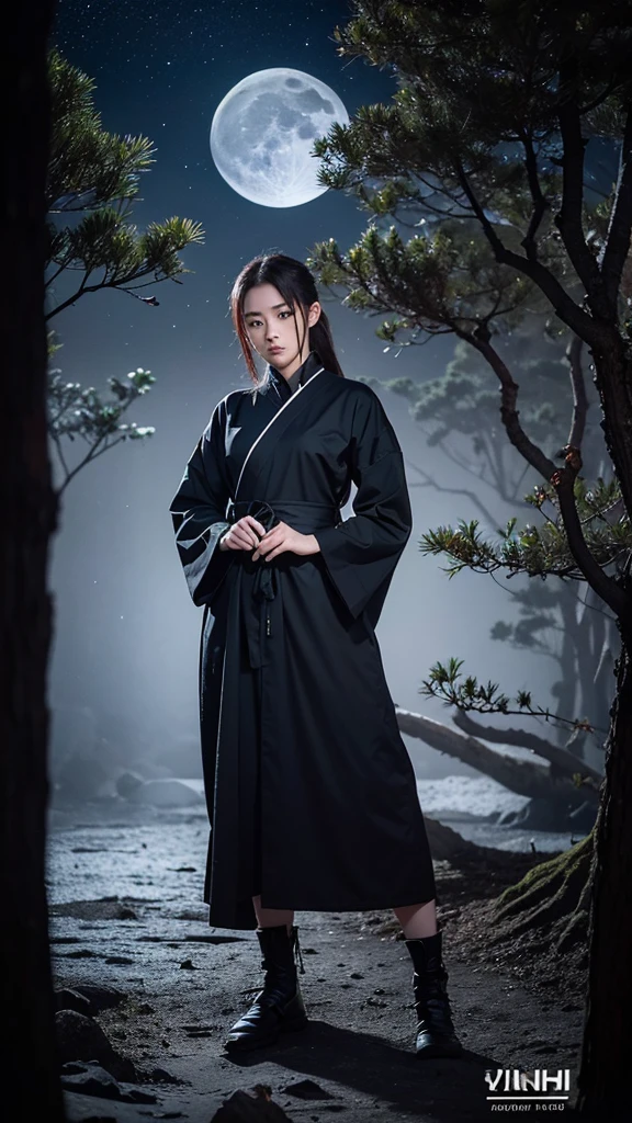 8K resolution, high image quality, high quality, real, female, ninja, Kuichi, ice-cold eyes, wearing ninja clothes, moonlit night, full moon, lurking in a pine tree branch, image from head to foot,