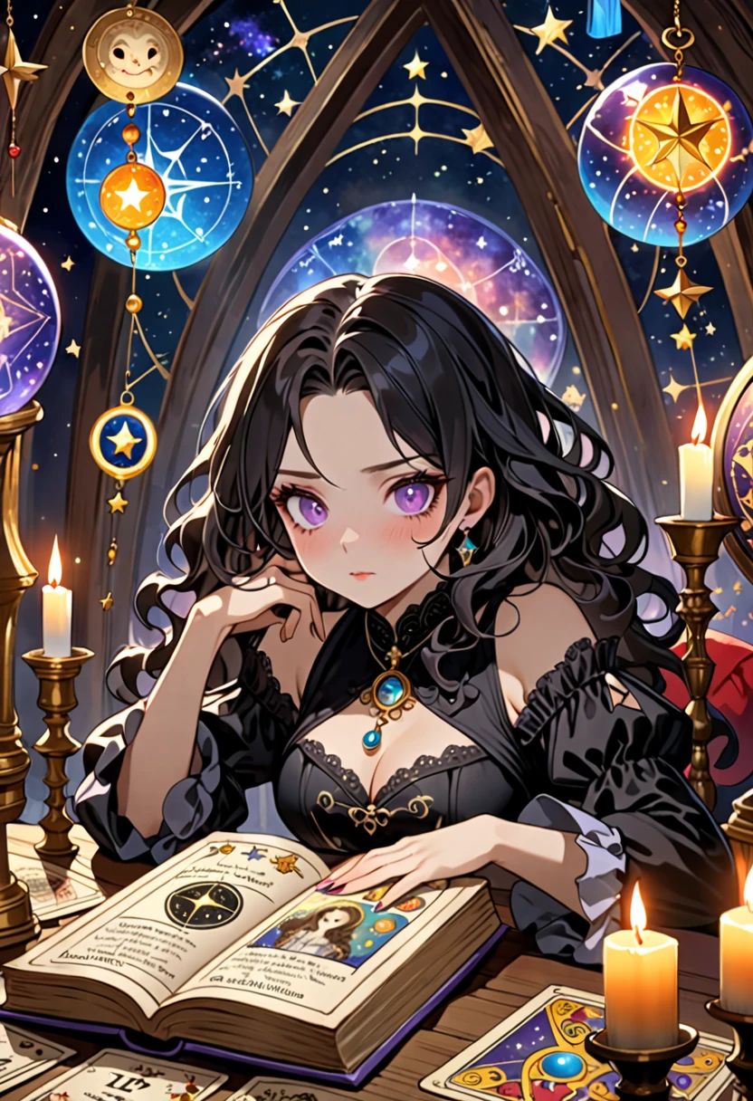 (Masterpiece.uhd) , 2.5D, delicate and dynamic, , formal, Fortune Telling Hut, Gothic, candle, Astrology Books, Suspicious ornament, Star Chart, Thick book, Creepy Paintings, Gargoyle, A colorful celestial globe, Small face, Very delicate facial expressions, Delicate eye depiction, Upper body close-up, erotic, One sexy woman, Cool woman, black long wavy hair, Healthy body shape, 25-year-old woman, Cool woman, Height: 170cm, huge bouncing busts, astrologer, Horoscope, Tarot Cards, Suspicious look, A complex magician's outfit, Magician's outfit in chic colors, garter belt, Fishnet tights, Magician's Shoes, At the desk, Fortune telling,