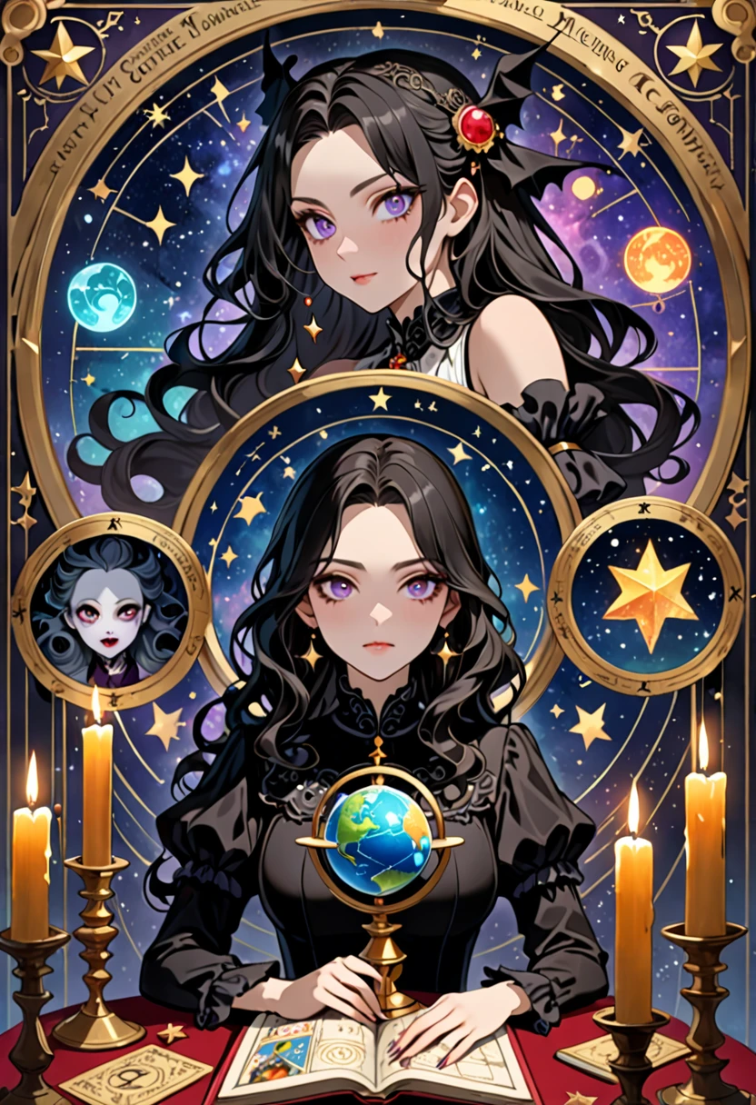(Masterpiece.uhd) , 2.5D, delicate and dynamic, , formal, Fortune Telling Hut, Gothic, candle, Astrology Books, Suspicious ornament, Star Chart, Thick book, Creepy Paintings, Gargoyle, A colorful celestial globe, Small face, Very delicate facial expressions, Delicate eye depiction, Upper body close-up, erotic, One sexy woman, Cool woman, black long wavy hair, Healthy body shape, 25-year-old woman, Cool woman, Height: 170cm, huge bouncing busts, astrologer, Horoscope, Tarot Cards, Suspicious look, A complex magician&#39;s outfit, Magician&#39;s outfit in chic colors, garter belt, Fishnet tights, Magician&#39;s Shoes, At the desk, Fortune telling, 