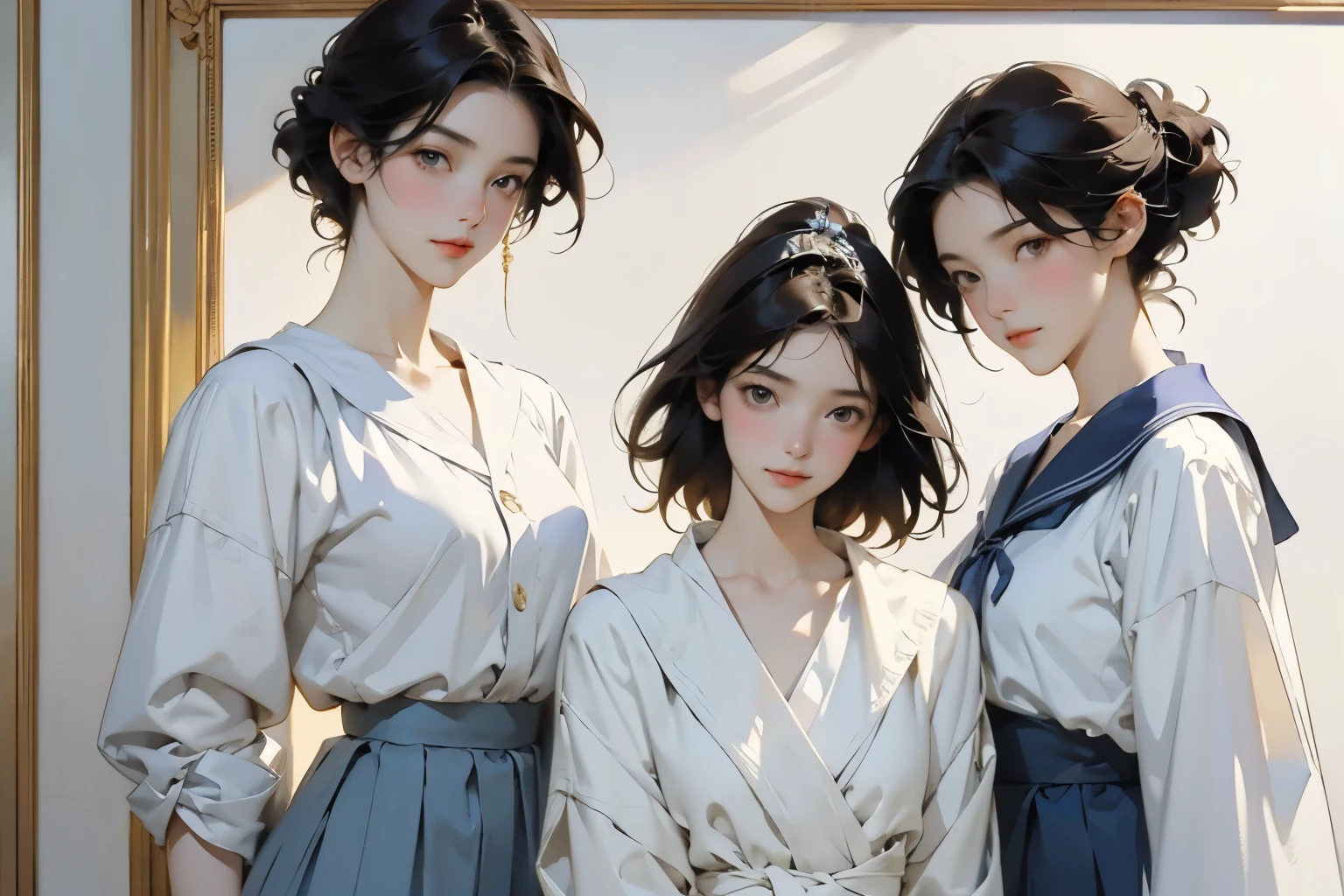 (Perfect Face,Illustration of three women in different clothes)、(3 Girls、With 3 people、natural standing posture)、(Girls standing in line)、( Half-body illustration)、((Character Concept Art))、(Detailed facial depiction、A kind smile)、Short dark brown hair、White Sailor Suit、Navy blue sailor collar、mini skirt、Pleated skirt、shoes、loafers、(Vintage、Classic)、(No logo)、((Watercolor of singer Sargent))、Impressionist style painting、White Background、(Front view:1.4)、(masterpiece, Highest quality:1.2),