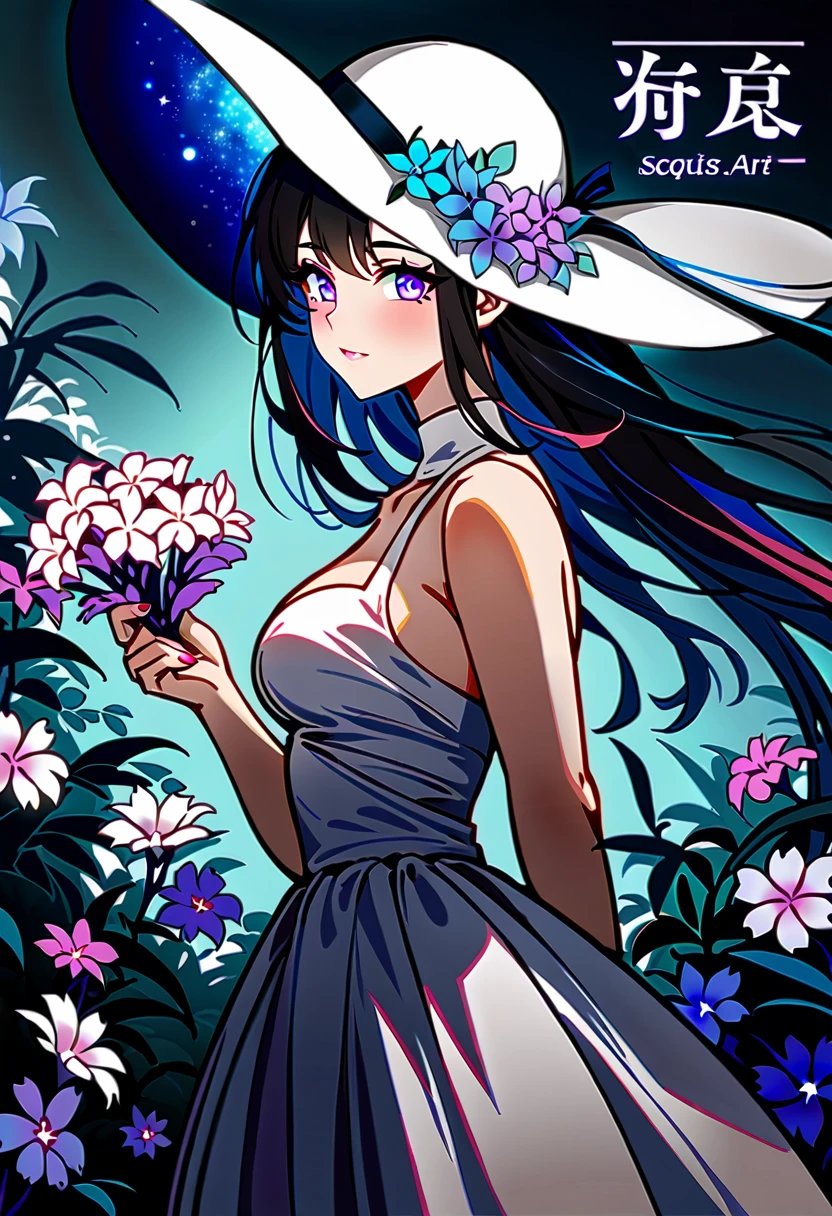 a woman in a white dress and a white hat, concept art by Muqi, trending on pixiv, sots art, official art, made of flowers, enchanting