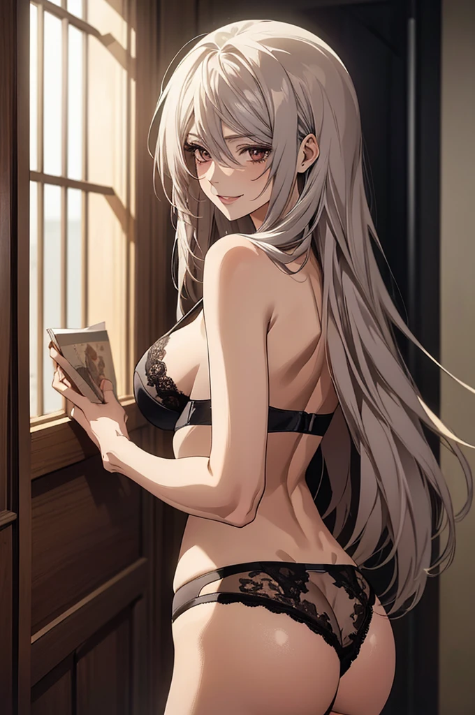 (Highest quality, High resolution, Very detailed), 1 female, Silver Hair, Long Hair, Reddish brown eyes, lace thong bra, garter belt, Nude, Large Breasts, secretary, 24th generation, Beautiful woman, mature, quiet, Calm, A small smile, office, look back,