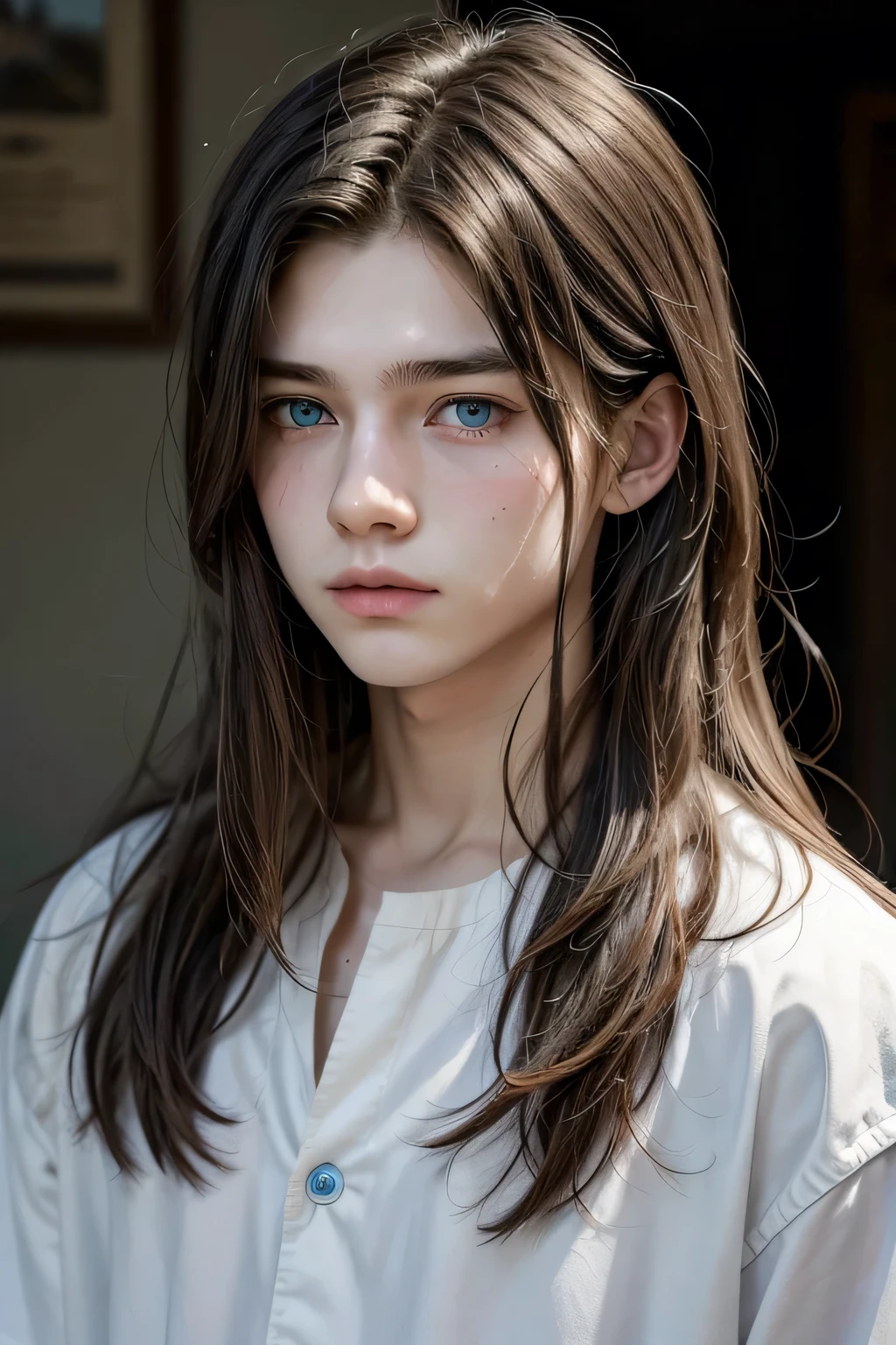 Boy with semi-long hair cut in layers with blue eyes, white skin, a 16-year-old boy with a sheriff's hat and a shotgun and a brown long-sleeved button-down shirt and black pants., that there is heavy rain there and that it is completely wet