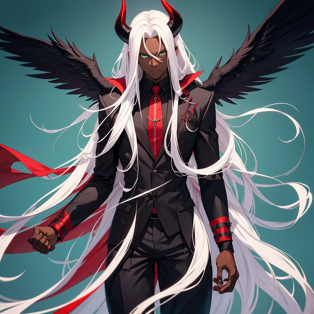 Male character, handsome, dark skin, black wings, wearing a red suit, long white hair, emerald green eyes, his appearance is that of a fire demon, giant horns, an intimidating appearance, blue background 