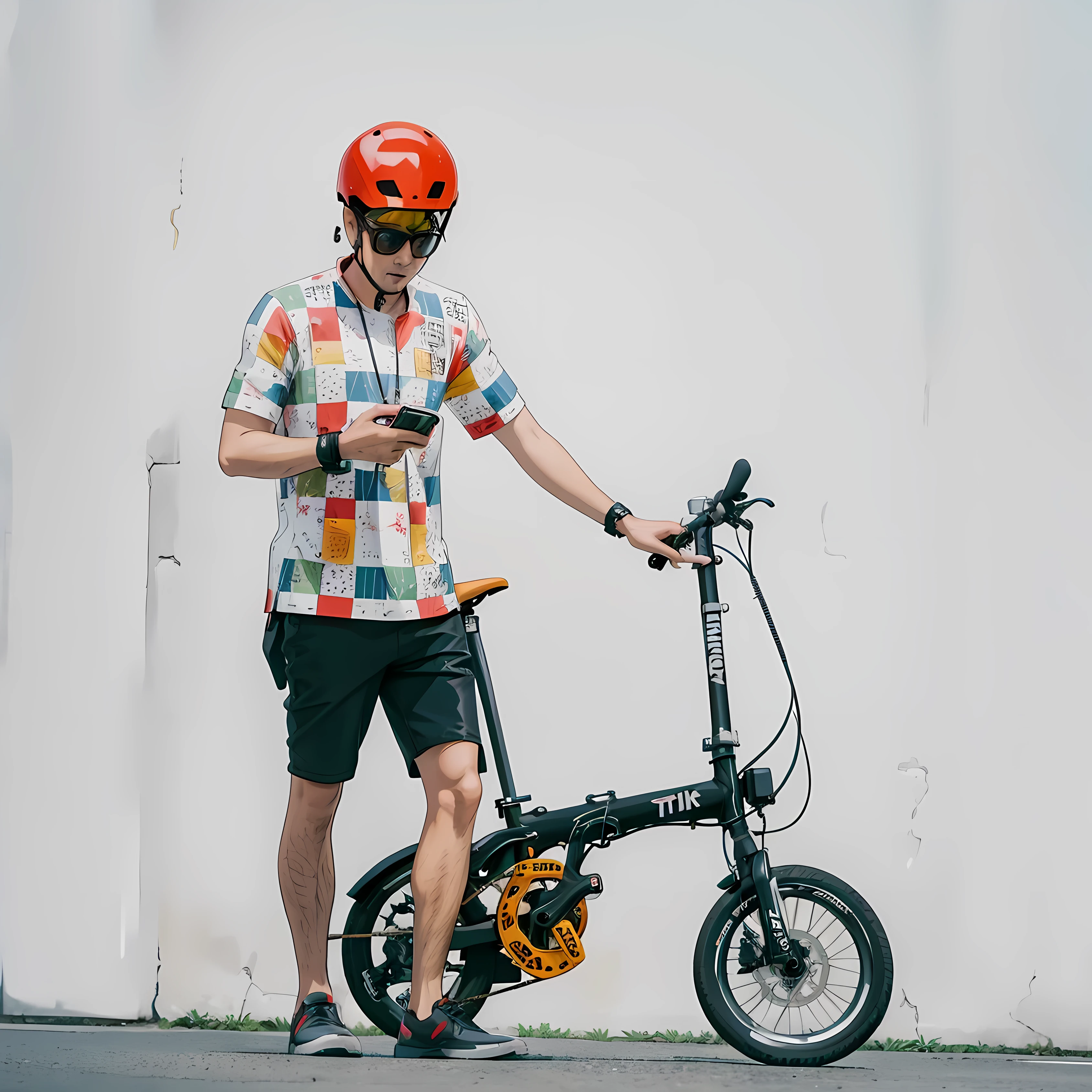 biker, 1 man, perfect image, folding bike, red helmet, biker outfit