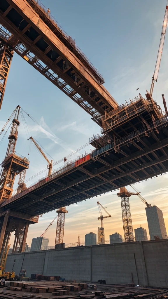 "Create an atmospheric scene at a construction site where a diverse team of iron-bar robots diligently work alongside human counterparts. The focus should capture the intricate blend of these robots seamlessly integrated into the bustling backdrop of cranes, steel beams, and workers, illustrating their pivotal role in modern construction practices."