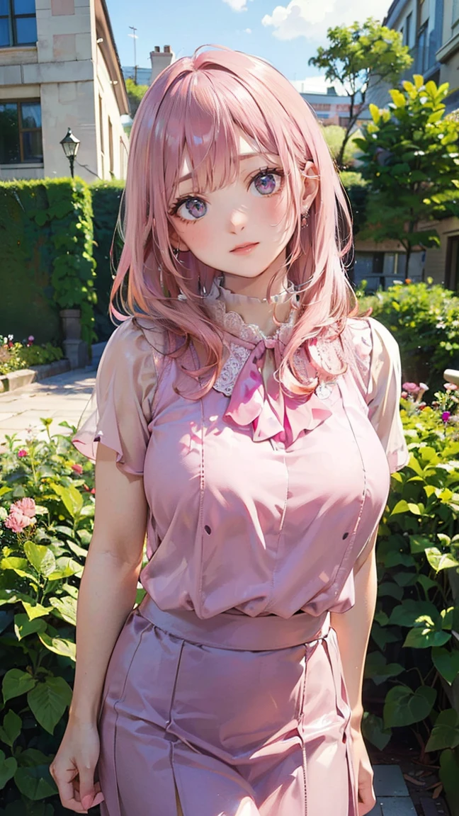 (Masterpiece, BestQuality:1.3), (ultra detailed:1.2), (hyperrealistic:1.3), (RAW photo:1.2), High detail RAW color photo, professional photograph, (Photorealistic:1.4), (realistic:1.4), (Pink Hair:1.5), professional lighting, perfect anatomy, (Big Breasts:1.2), (blush, detailed face), (A happy smile:1.7), sexly, erotic sexly, Random sexy gravure poses, (Beautiful woman wearing a pink chiffon blouse and skirt、Posing in the garden、Smile sexily。:1.3)