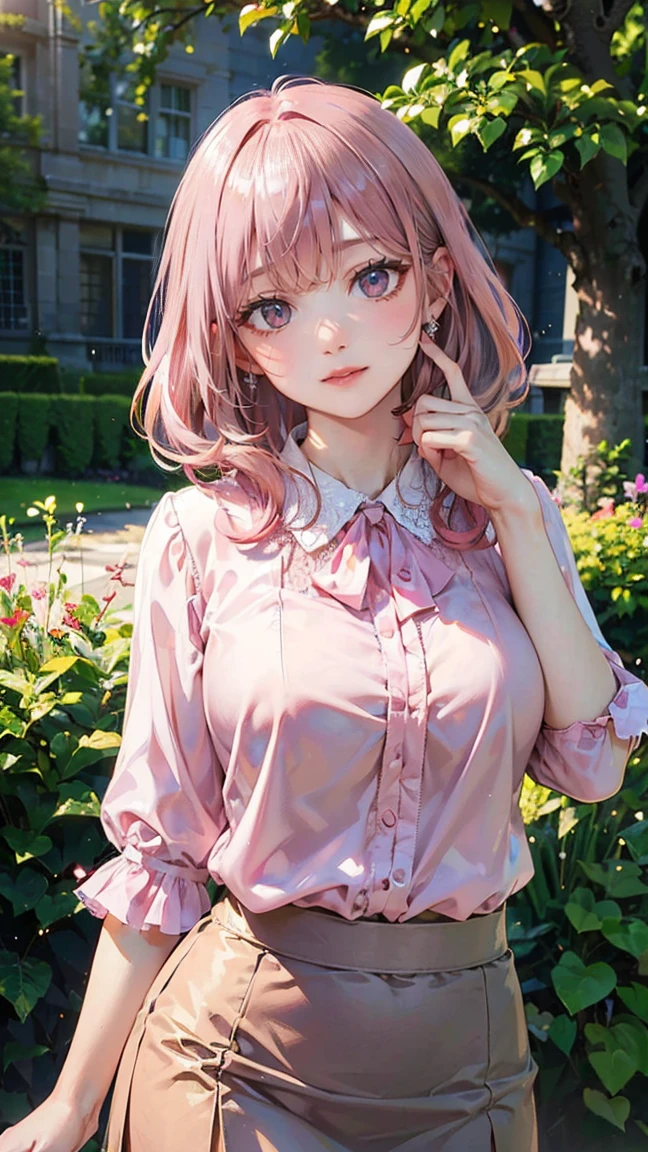 (Masterpiece, BestQuality:1.3), (ultra detailed:1.2), (hyperrealistic:1.3), (RAW photo:1.2), High detail RAW color photo, professional photograph, (Photorealistic:1.4), (realistic:1.4), (Pink Hair:1.5), professional lighting, perfect anatomy, (Big Breasts:1.2), (blush, detailed face), (A happy smile:1.7), sexly, erotic sexly, Random sexy gravure poses, (Beautiful woman wearing a pink chiffon blouse and skirt、Posing in the garden、Smile sexily。:1.3)