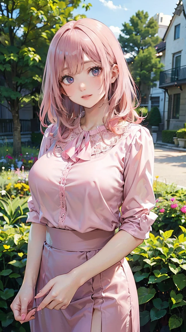 (Masterpiece, BestQuality:1.3), (ultra detailed:1.2), (hyperrealistic:1.3), (RAW photo:1.2), High detail RAW color photo, professional photograph, (Photorealistic:1.4), (realistic:1.4), (Pink Hair:1.5), professional lighting, perfect anatomy, (Big Breasts:1.2), (blush, detailed face), (A happy smile:1.7), sexly, erotic sexly, Random sexy gravure poses, (Beautiful woman wearing a pink chiffon blouse and skirt、Posing in the garden、Smile sexily。:1.3)