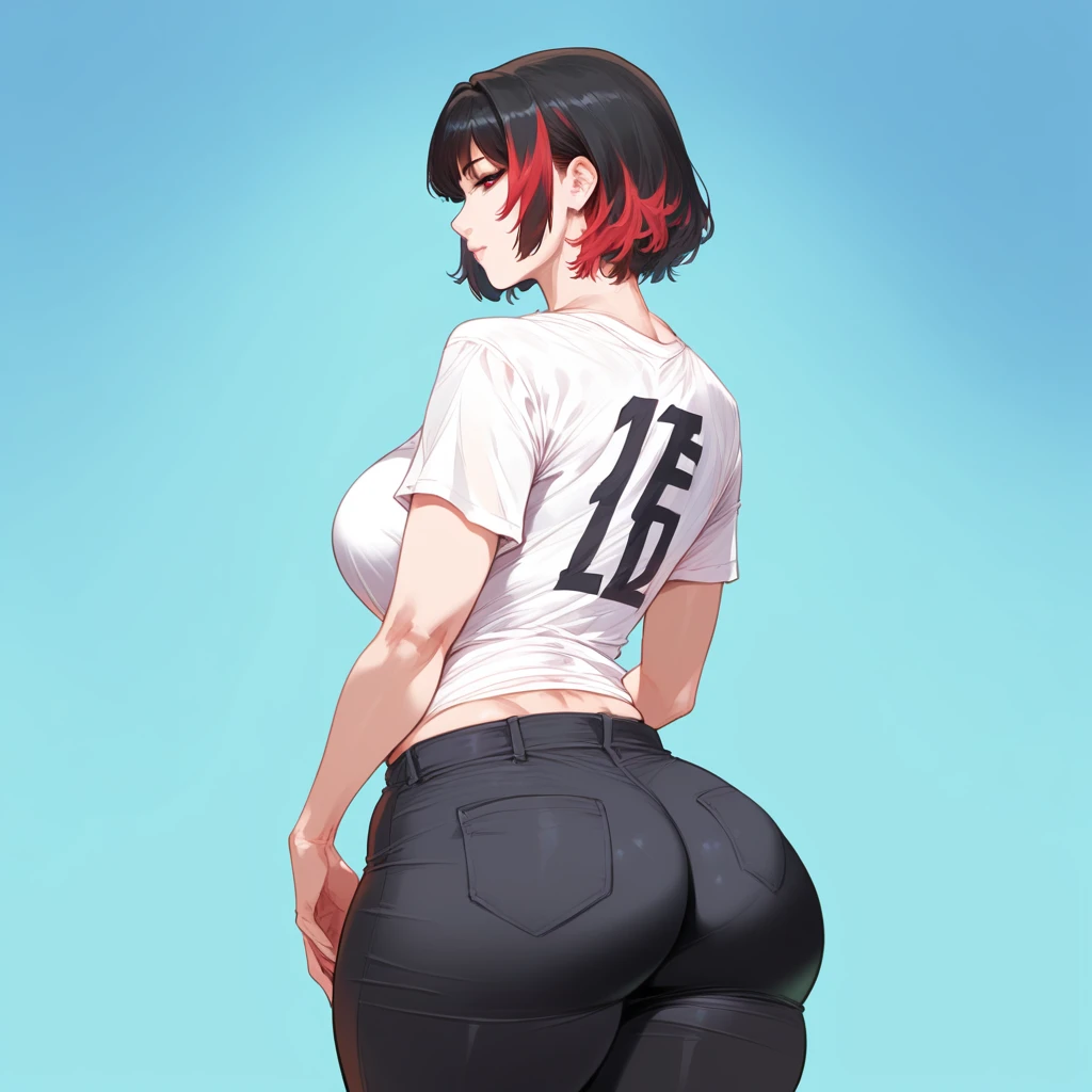 mixed_artstyle, 1 girl, Alone, hands, Asian, short black t-shirt, black pants, short black hair with red highlights, red eyes, realistic, textures, 8K, perfect hand, perfect anatomy, Profile, visible curves, Breasts, back