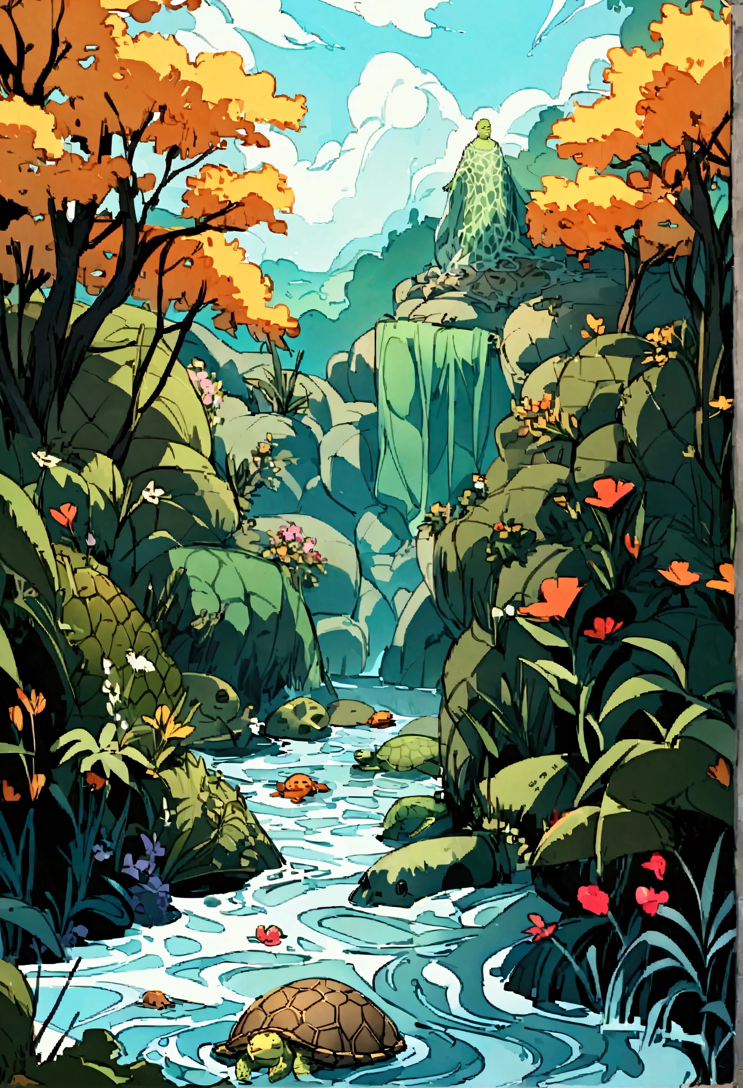 landscape、river、Kappa、Head plate、Yellow mouth、Turtle shell、Webbed、Green Skin、Sharp teeth、Buttocks、Water Escape、Apparition、swimming、