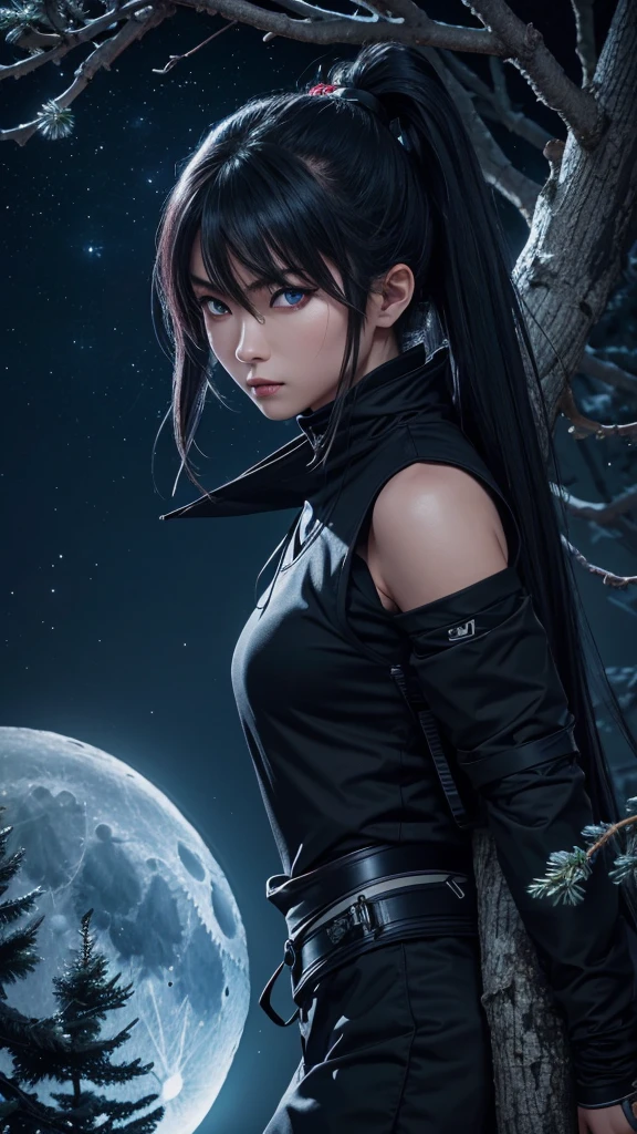 8K resolution, high image quality, high quality, real, female, ninja, Kuichi, ice-cold eyes, wearing ninja clothes, moonlit night, full moon, lurking in a pine tree branch, image from head to foot,