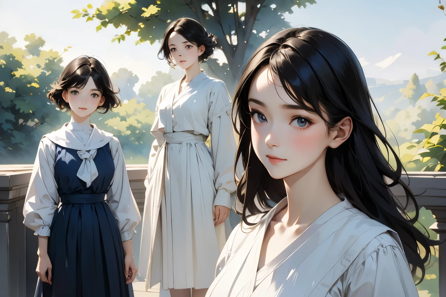 (Perfect Face,Illustration of three women in different clothes)、(3 Girls、With 3 people、natural standing posture)、(Girls standing in line)、( Half-body illustration)、((Character Concept Art))、(Detailed facial depiction、A kind smile)、Short dark brown hair、White Sailor Suit、Navy blue sailor collar、mini skirt、Pleated skirt、shoes、loafers、(Vintage、Classic)、(No logo)、((Watercolor of singer Sargent))、Impressionist style painting、White Background、(Front view:1.4)、(masterpiece, Highest quality:1.2),