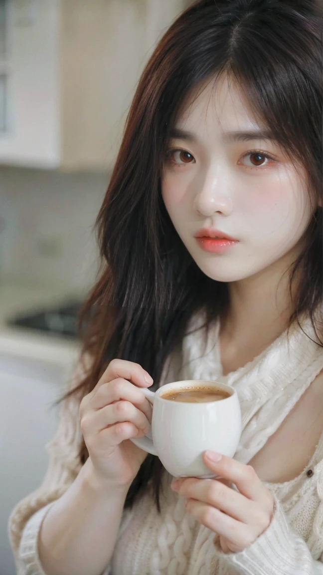 closeup, portrait, LeannaDecker, ((wearing sweater)), inside, portrait, kitchen, holding coffee mug, winter fire, eyes open, best quality, upper body, by lee jeffries nikon d850 film stock photograph 4 kodak 400 camera f1.6 lens rich colors hyper realistic lifelike texture natural lighting unreal engine trending on artstation cinestill 800, (100mm lens), long hair,, red hair