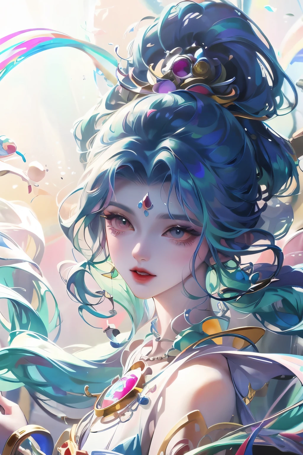 Close-up of a woman with rich and colorful hair and necklace, Anime girl with cosmic long hair, The soft vibrancy of Rossdraws, Guvez-style artwork, Fantasy art style, rich and colorful], Vibrant fantasy style, Rossdraws Vibrant cartoons, cosmic and rich and colorful, Gu Weiss, rich and colorful digital fantasy art, Stunning art style, Beautiful anime style, Full body lighting, Skin brightening, Sexy expressions