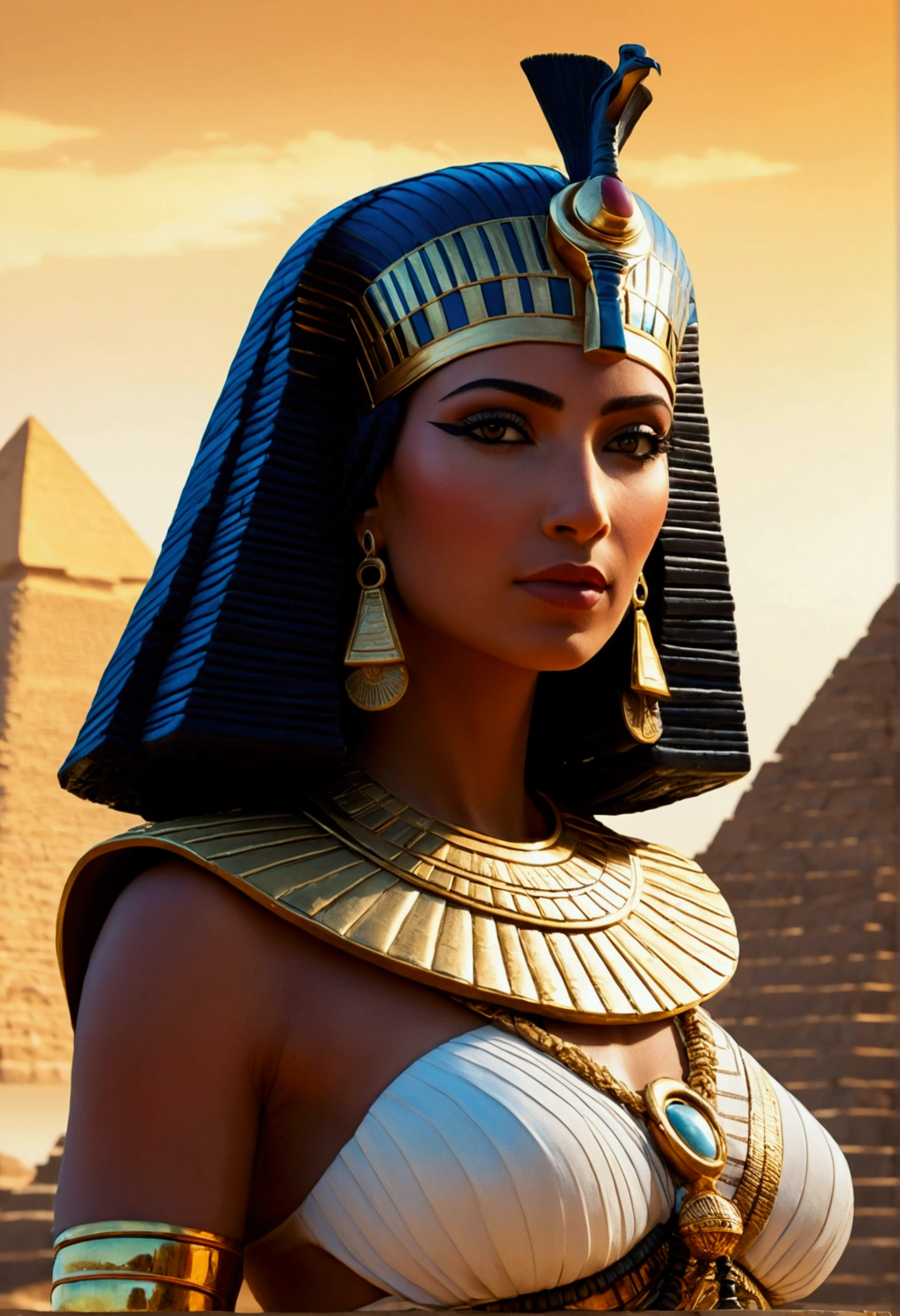 Animated image of Cleopatra VII against the backdrop of the pyramids and the majestic Nile