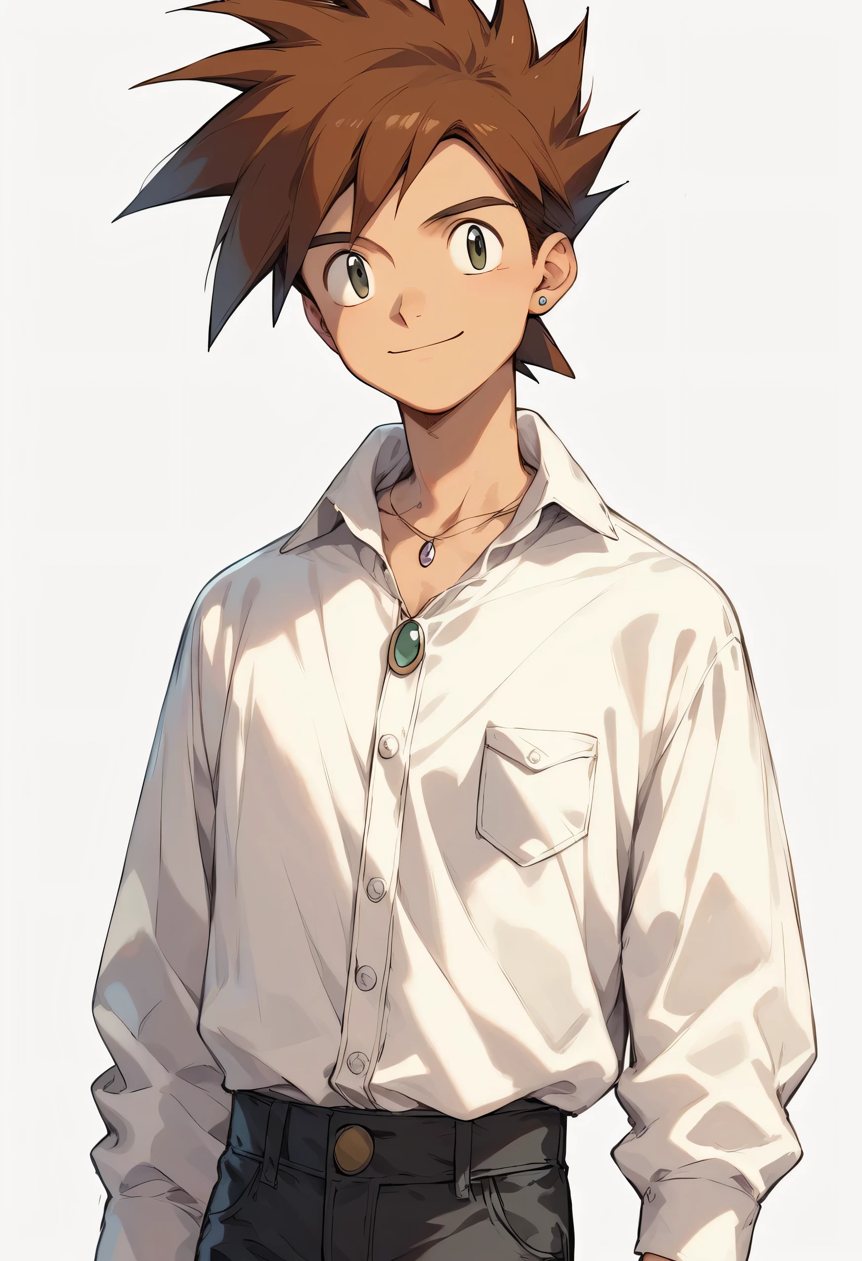 gary oak wearing a white long sleeve v neck renaissance shirt with black pants and with a open collar