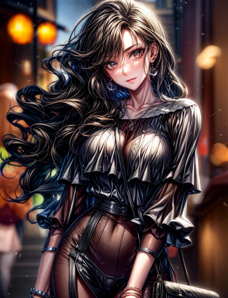 18:04:42
A woman with long brown hairs, fair skin, brown eyes, wearing a shirt and pants. A watch on the left wrist. Her facial expression is warm and friendly. Background is a city street. Use a vibrant color palate. High resolution, 4k, ultra detailed, use a mixture of dark and light st rokes, good contrast. Good background, good hands, masterpiece.