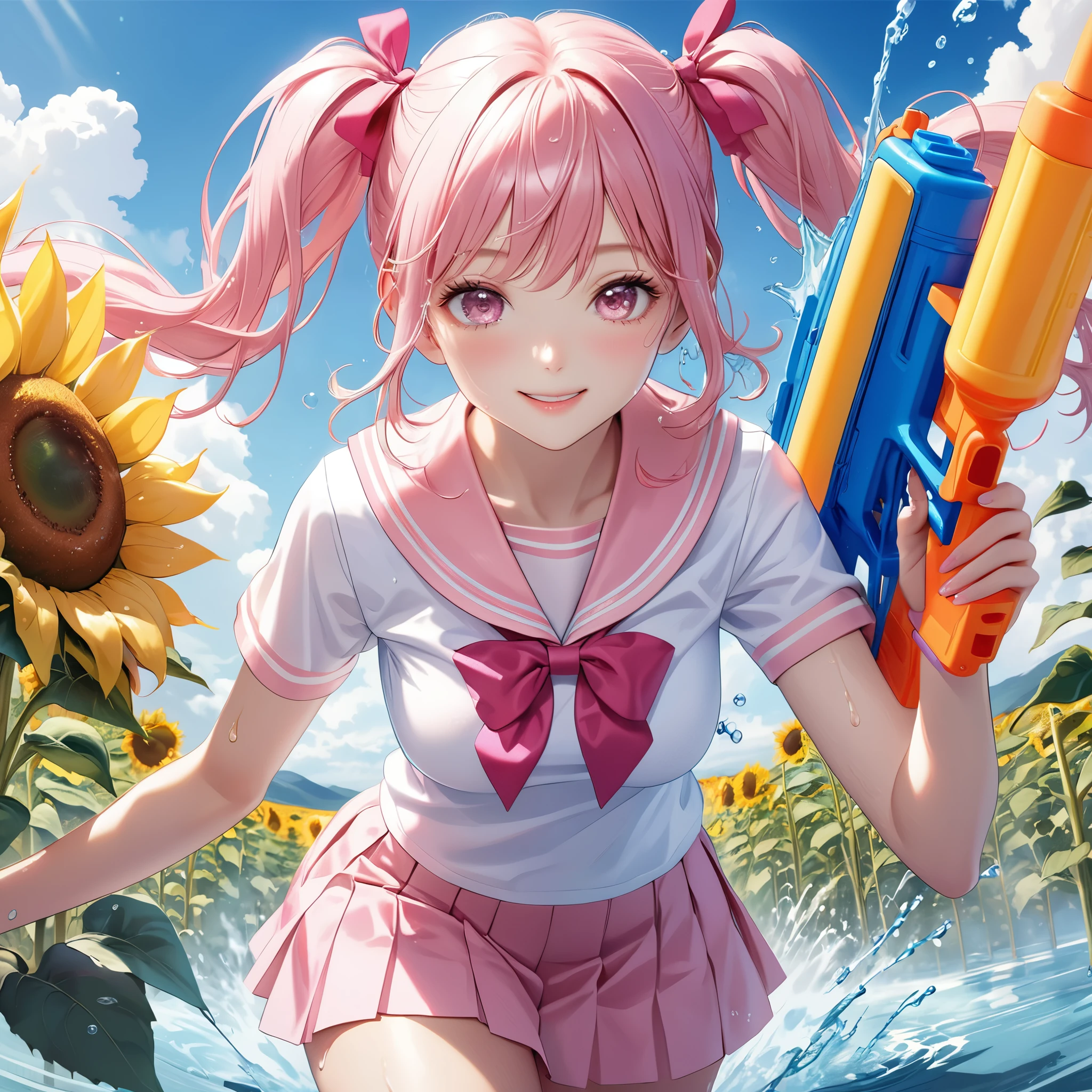 (8K, masutepiece, Best Quality, Official art, beautiful detailed, beautiful lighting, best masterpiece in history that exceeds limits), (1 Girl, Solo), (sixteen years old), (beautiful detailed face), (shiny white skin), (Beautiful big bust:1.3), (thighs, navel), (beautiful detailed pink twin tails hair, Bangs:1.3), (beautiful detailed drooping pink eyes:1.5),  (high school uniform:1.3),  (patsel pink sailor collar, white short sleeves short length outing shirt, pastel pink pleated skirt, patsel pink ribbon:1.3), (happy smile:1.2), (dynamic angle, dynamic cut, Attractive, Look at the camera, cute pose, wet), breathtaking scenery, (ultra detailed realistic Beautiful field of sunflowers, blue sky, summer:1.2), (water gun, release water, water splash:1.5),