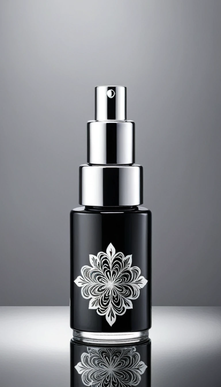 a beautiful detailed glass serum bottle with a black body, silver color cap, intricate random white leafs patterns on allover the bottle, high quality cosmetic product, minimalist luxury design, studio lighting, 8k, realistic, masterpiece