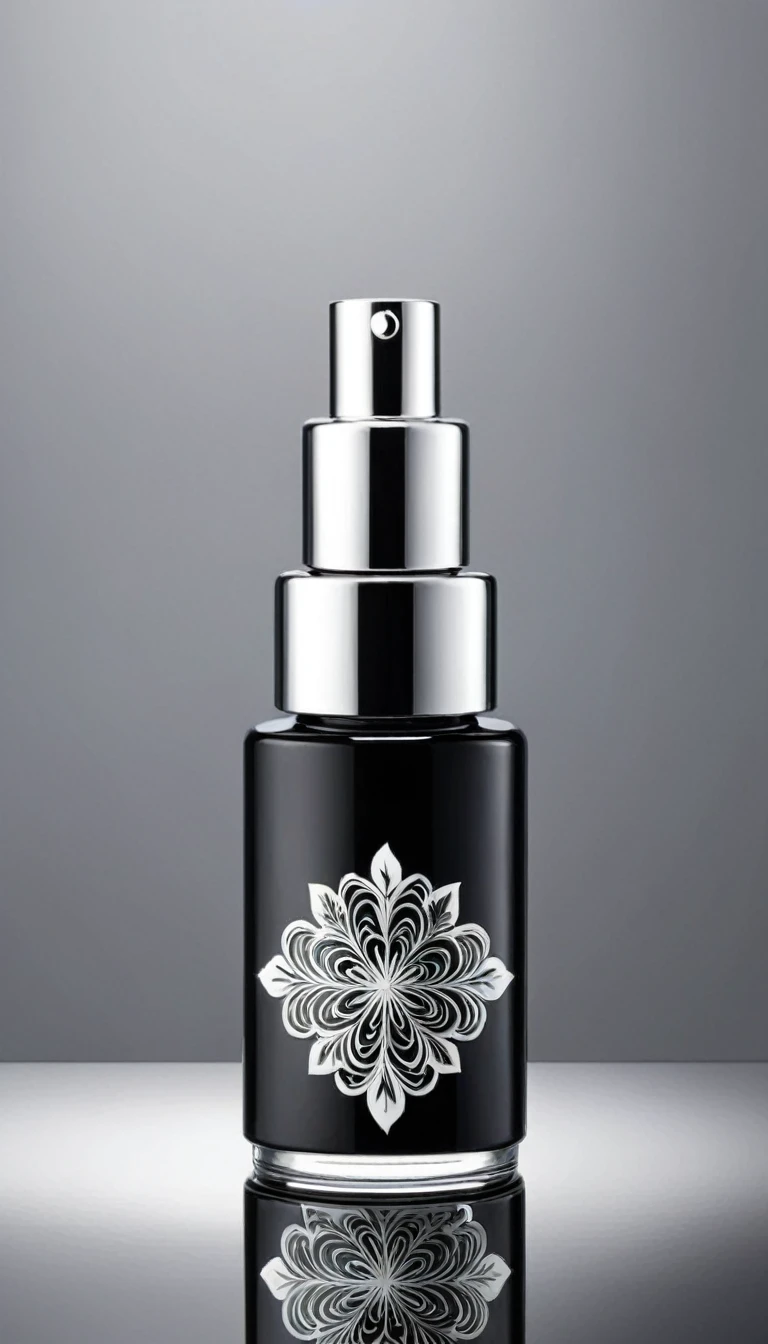 a beautiful detailed glass serum bottle with a black body, silver color cap, intricate random white leafs patterns on allover the bottle, high quality cosmetic product, minimalist luxury design, studio lighting, 8k, realistic, masterpiece