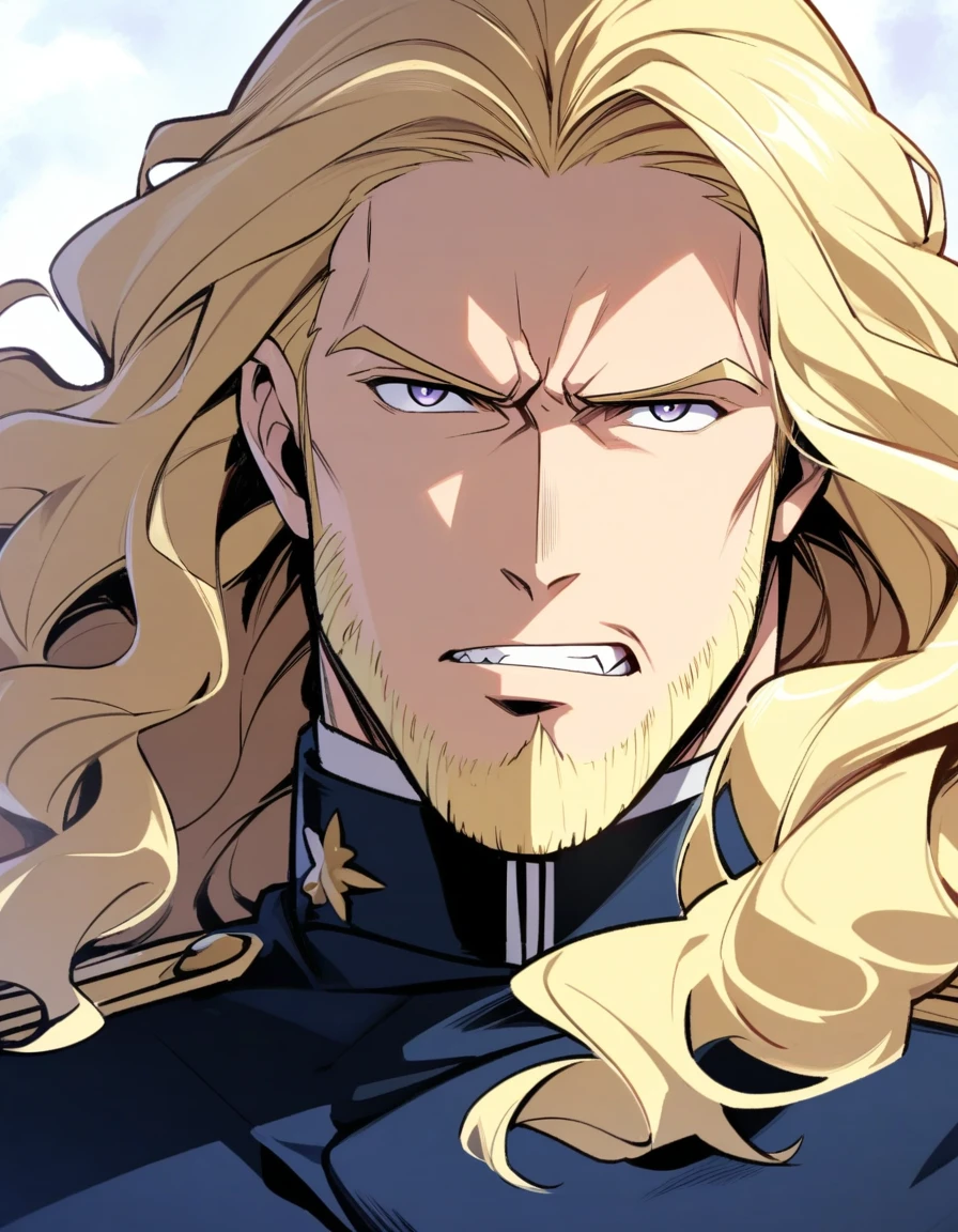 male, late 30s, ((blond, shoulder-length, middle-part wavy hair)), (light-purple, deep-set, Sanpaku eyes), slightly thick blond beard, aquiline and hooked nose, slightly underbite, chiseled, slightly long face, fearless expression, navy blue military uniform, portrait