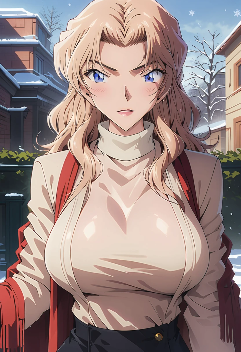 （best quality，4K，8K，high resolution，masterpiece：1.4），Ultra Detailed，Detail face：1.3，White sweater，red scarf，Perfect body，Large Breasts，Fashion，winter，Snowflakes falling，Anime style