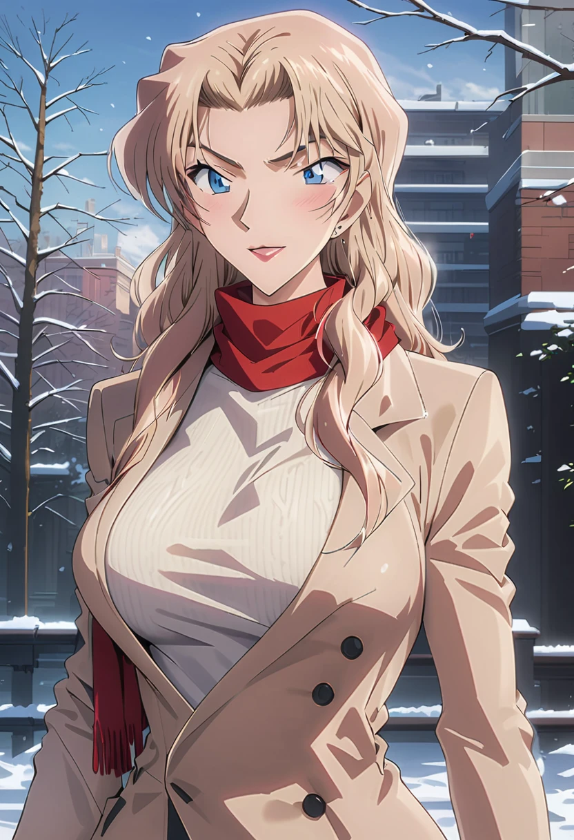 （best quality，4K，8K，high resolution，masterpiece：1.4），Ultra Detailed，Detail face：1.3，White sweater，red scarf，Perfect body，Large Breasts，Fashion，winter，Snowflakes falling，Anime style