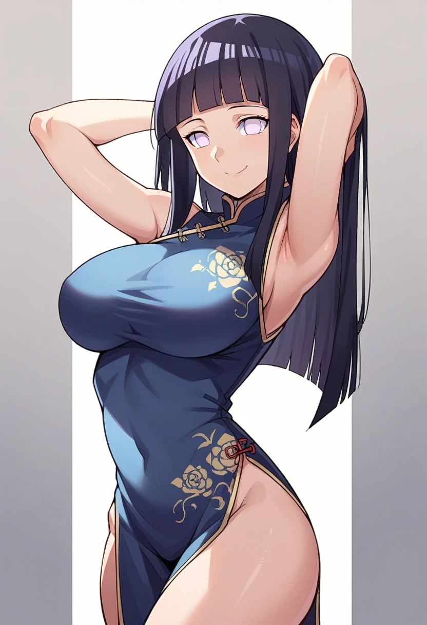 score_9, score_8_up, score_7_up, source_anime BREAK, (hinata, hyuuga hinata, purple eyes, blunt bangs, black hair, white eyes, no pupils, large breasts, standing, smile, looking at viewer, china dress, sexy, arms behind head