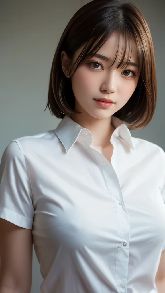 8K,Highest quality,(masterpiece:1.2),(Realistic),(Realistic:1.37),Ultra-high resolution,One Woman,smile,((Big Breasts)),Beautiful Eyes,(((White shirt))),Perfect body,Perfect Fingers,Professional Lighting,gravure,Detailed face and skin texture,fine grain,RAW Photos