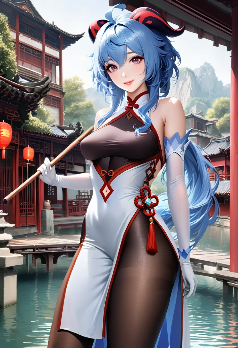 best quality,masterpiece,realistic,photorealistic,1girl,solo,looking at viewer,smile,standing,cowboy shot,ganyu cosplay costume,ganyu,genshin impact,alternate costume,blue hair,long hair,ahoge,dress,chinese clothes,china dress,horns,goat horns,gloves,elbow gloves,pantyhose,black pantyhose,holding oil-paper umbrella,oil-paper umbrella,china water town,ancient china town,flower,water,tree,