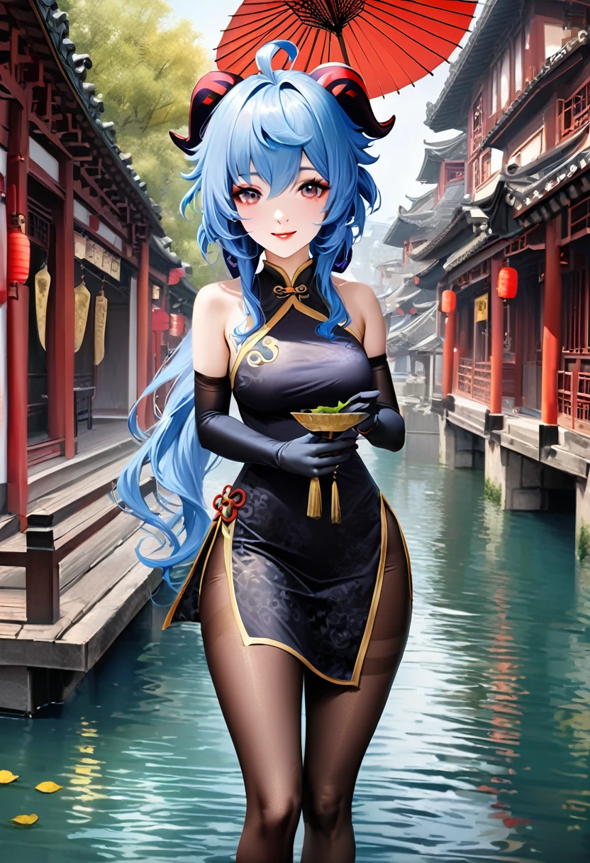 best quality,masterpiece,realistic,photorealistic,1girl,solo,looking at viewer,smile,standing,cowboy shot,ganyu cosplay costume,ganyu,genshin impact,alternate costume,blue hair,long hair,ahoge,dress,chinese clothes,china dress,horns,goat horns,gloves,elbow gloves,pantyhose,black pantyhose,holding oil-paper umbrella,oil-paper umbrella,china water town,ancient china town,flower,water,tree,