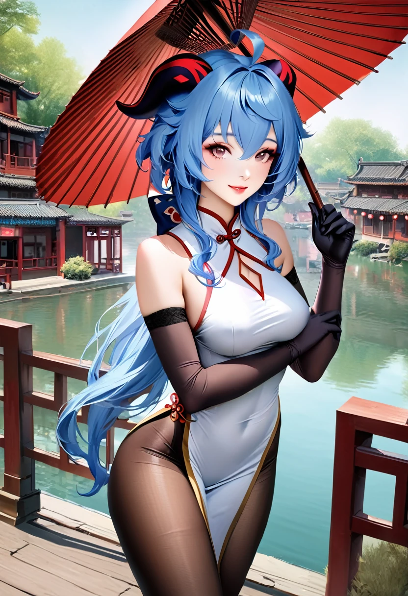 best quality,masterpiece,realistic,photorealistic,1girl,solo,looking at viewer,smile,standing,cowboy shot,ganyu cosplay costume,ganyu,genshin impact,alternate costume,blue hair,long hair,ahoge,dress,chinese clothes,china dress,horns,goat horns,gloves,elbow gloves,pantyhose,black pantyhose,holding oil-paper umbrella,oil-paper umbrella,china water town,ancient china town,flower,water,tree,