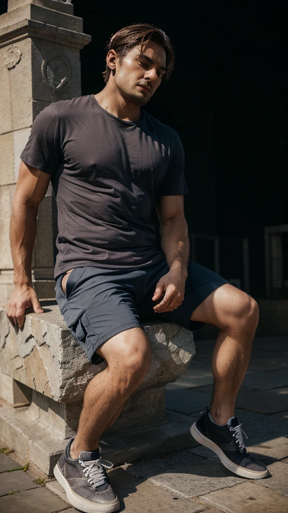 A man sitting on piece of stone, (the thinker) by rodin, wearing tshirt and under is wearing short cargo pant, sneaker shoes, dark background,