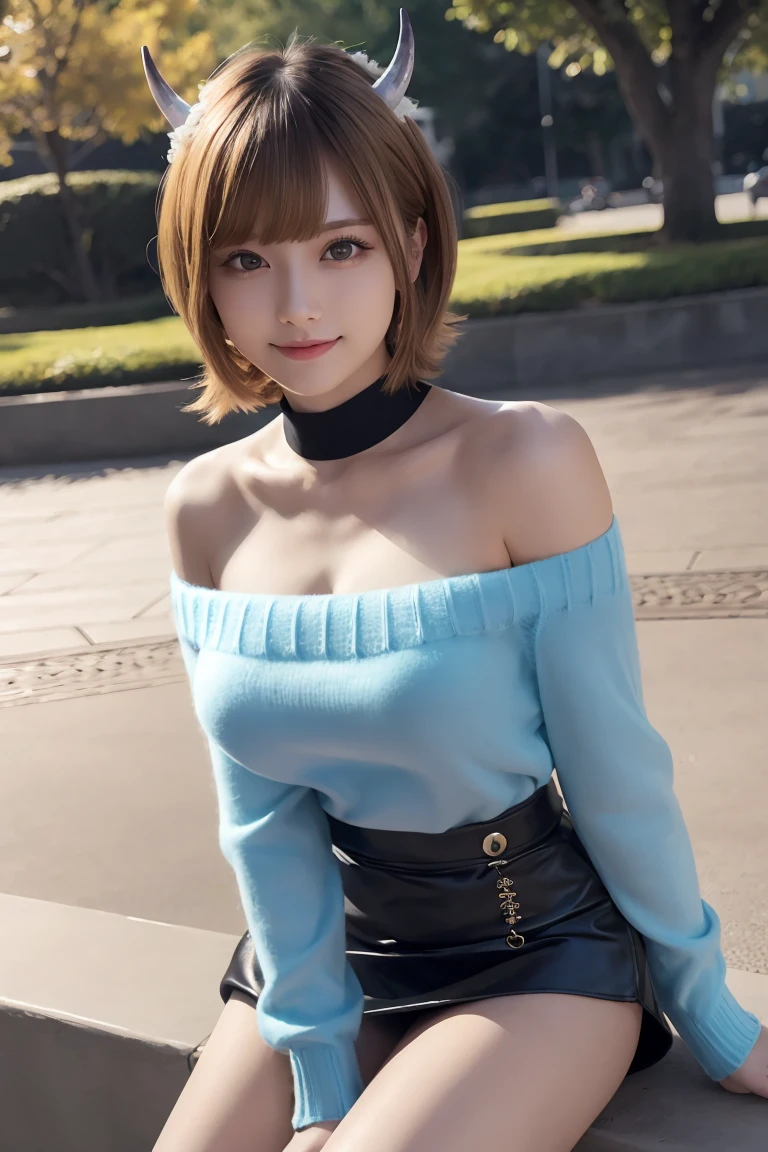 memcho, memcho, (:1.3), Blonde, blue eyes, Blunt bangs, devil horn, fake horn, horn, short hair, Breaking the Bare Shoulders, black skirt, (blue sweater: 1.5), Long sleeve, Off the shoulder, Off the shoulder sweater, Puffy sleevskirt, sweater, White ribbon, Taking a break from watching the audience,  (at the park), (masterpiece: 1.2), best quality, High resolution, Unity 8k wallpaper, (An illustration: 0.8), (Beautiful eye details: 1.6), Very detailed顔, Perfect lighting, Extremely detailed CG, (Perfect hands, Perfect Anatomy) , Perfect Eyes, Have a very sexy body, Havefull chest and a slim waist, And a very sexy body, Bold Lo young, quality, Very detailed, Realistic, smile, Calm, Perfect Eyes, Have a very sexy body, Have a fulhest and a slim waist, And a very sexy body, Bold Look. yo, quality, Very detailed, Realistic,