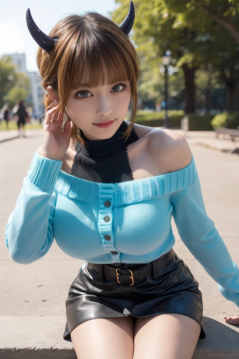 memcho, memcho, (Big Breasts:1.3), Blonde, blue eyes, Blunt bangs, devil horn, fake horn, horn, short hair, Breaking the Bare Shoulders, black skirt, (blue sweater: 1.5), Long sleeve, Off the shoulder, Off the shoulder sweater, Puffy sleeves, skirt, sweater, White ribbon, Taking a break from watching the audience, (at the park), (masterpiece: 1.2), best quality, High resolution, Unity 8k wallpaper, (An illustration: 0.8), (Beautiful eye details: 1.6), Very detailed顔, Perfect lighting, Extremely detailed CG, (Perfect hands, Perfect Anatomy) , Perfect Eyes, Have a very sexy body, Have a full chest and a slim waist, And a very sexy body, Bold Look. young, quality, Very detailed, Realistic, smile, Calm, Perfect Eyes, Have a very sexy body, Have a full chest and a slim waist, And a very sexy body, Bold Look. young, quality, Very detailed, Realistic,