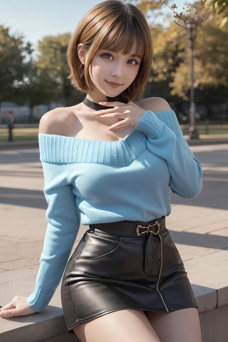 memcho, memcho, (Big Breasts:1.3), Blonde, blue eyes, Blunt bangs, devil horn, fake horn, horn, short hair, Breaking the Bare Shoulders, black skirt, (blue sweater: 1.5), Long sleeve, Off the shoulder, Off the shoulder sweater, Puffy sleeves, skirt, sweater, White ribbon, Taking a break from watching the audience,  (at the park), (masterpiece: 1.2), best quality, High resolution, Unity 8k wallpaper, (An illustration: 0.8), (Beautiful eye details: 1.6), Very detailed顔, Perfect lighting, Extremely detailed CG, (Perfect hands, Perfect Anatomy) , Perfect Eyes, Have a very sexy body, Have a full chest and a slim waist, And a very sexy body, Bold Look. young, quality, Very detailed, Realistic, smile, Calm, Perfect Eyes, Have a very sexy body, Have a full chest and a slim waist, And a very sexy body, Bold Look. young, quality, Very detailed, Realistic,