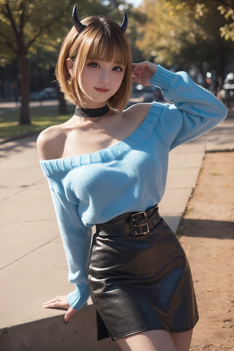 memcho, memcho, (Big Breasts:1.3), Blonde, blue eyes, Blunt bangs, devil horn, fake horn, horn, short hair, Breaking the Bare Shoulders, black skirt, (blue sweater: 1.5), Long sleeve, Off the shoulder, Off the shoulder sweater, Puffy sleeves, skirt, sweater, White ribbon, Taking a break from watching the audience,  (at the park), (masterpiece: 1.2), best quality, High resolution, Unity 8k wallpaper, (An illustration: 0.8), (Beautiful eye details: 1.6), Very detailed顔, Perfect lighting, Extremely detailed CG, (Perfect hands, Perfect Anatomy) , Perfect Eyes, Have a very sexy body, Have a full chest and a slim waist, And a very sexy body, Bold Look. young, quality, Very detailed, Realistic, smile, Calm, Perfect Eyes, Have a very sexy body, Have a full chest and a slim waist, And a very sexy body, Bold Look. young, quality, Very detailed, Realistic,