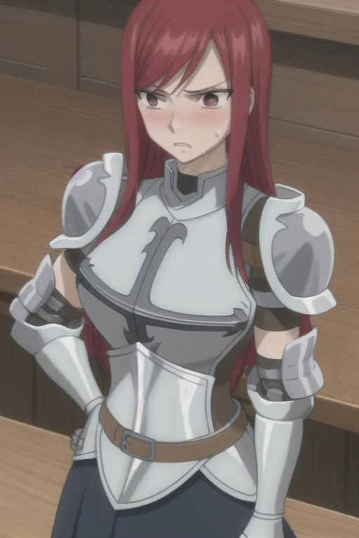 masterpiece, absurdres , (intricate details), (colorful), erza scarlet, blush, sweat, armor, breastplate, gauntlets, shoulder armor, black skirt, large breasts, (cleavage)